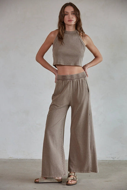 Knit Cotton Garment Dye Wide Leg Pants Mocha