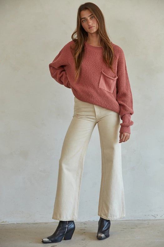 Knit Cotton Sweater Ribbed Pullover Top Rose