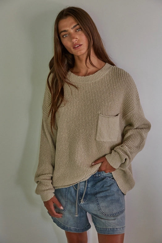 Knit Cotton Sweater Ribbed Pullover Top Taupe