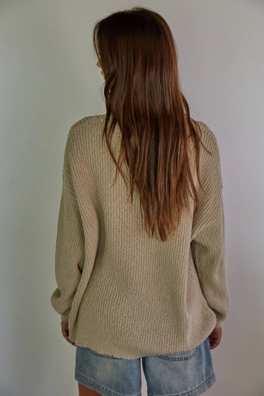 Knit Cotton Sweater Ribbed Pullover Top Taupe