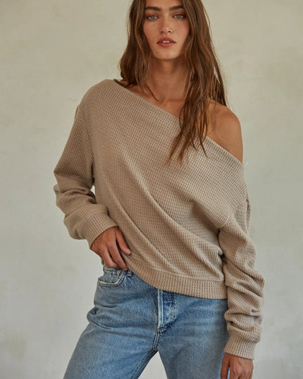 Knit Polyester Cotton Spandex Waffle One Shoulder Long Sleeve Pullover Top