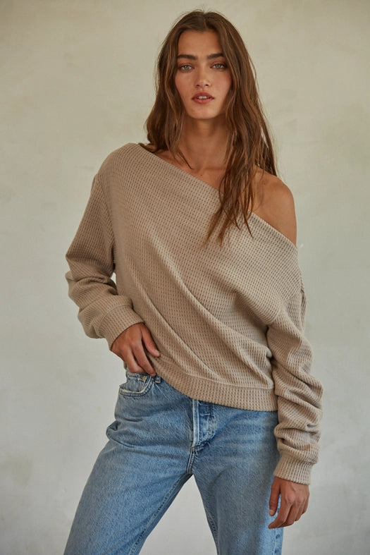 Knit Polyester Cotton Spandex Waffle One Shoulder Long Sleeve Pullover Top