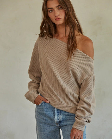 Knit Polyester Cotton Spandex Waffle One Shoulder Long Sleeve Pullover Top