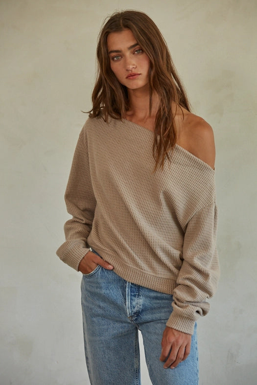 Knit Polyester Cotton Spandex Waffle One Shoulder Long Sleeve Pullover Top