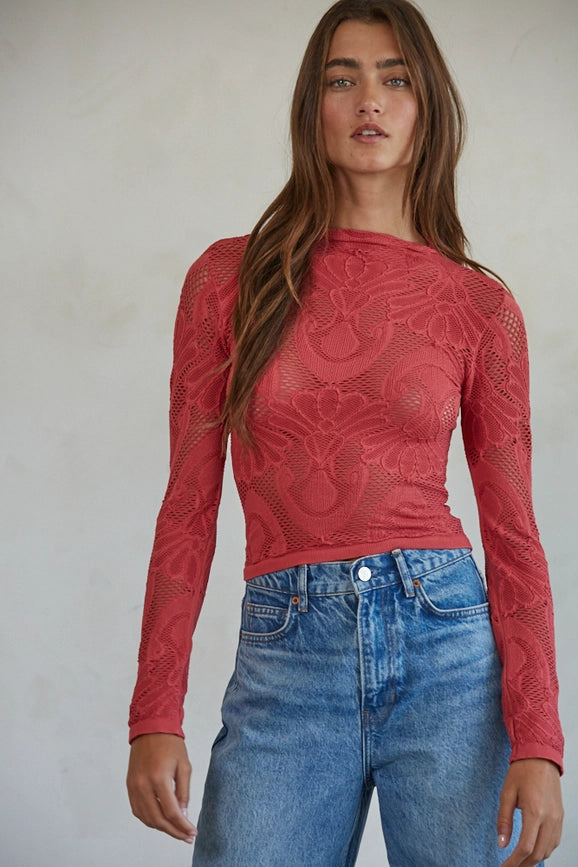 Knit Seamless Jacquard Mock Neck Long Sleeve Top Crimson