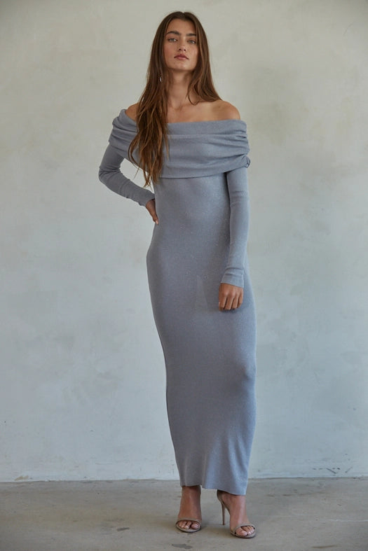 Knit Sweater Viscose Lurex Off Shoulder Maxi Dress