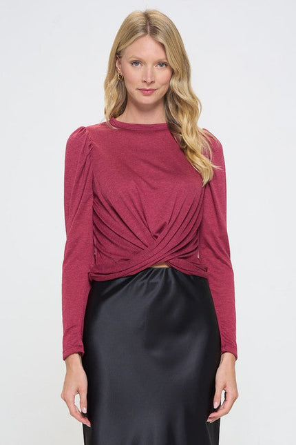 Knit Top with Puff Long Sleeve and Front Twist-1