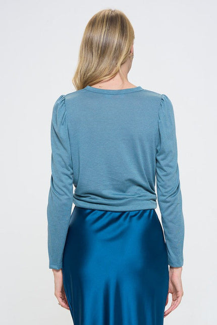 Knit Top with Puff Long Sleeve and Front Twist-3