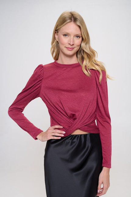 Knit Top with Puff Long Sleeve and Front Twist-0