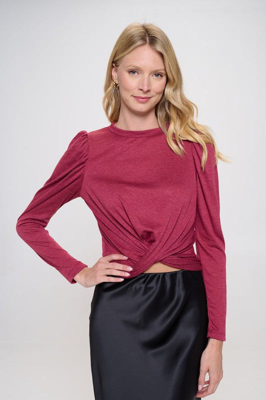 Knit Top with Puff Long Sleeve and Front Twist-0