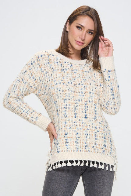 Knit Tweed Tweed Sweater with Fringes-0