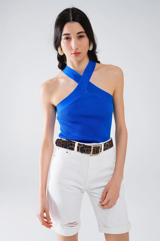 Knitted Cross Front Cropped Top in Blue