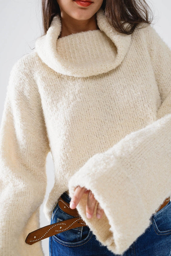 Knitted Fluffy High Neck Sweater in Cream