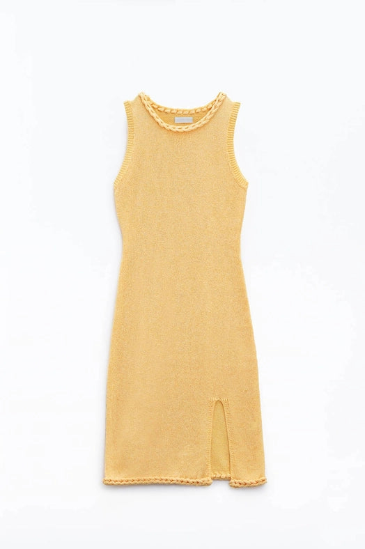 Knitted Midi Dress with Braided Detail in Yellow