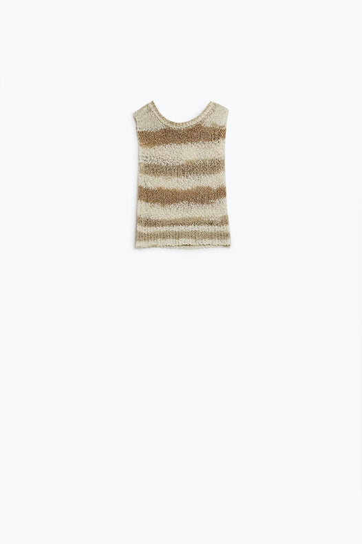 Knitted Tints of Beige Sleeveless Sweater with Stripes and Crew Neckline