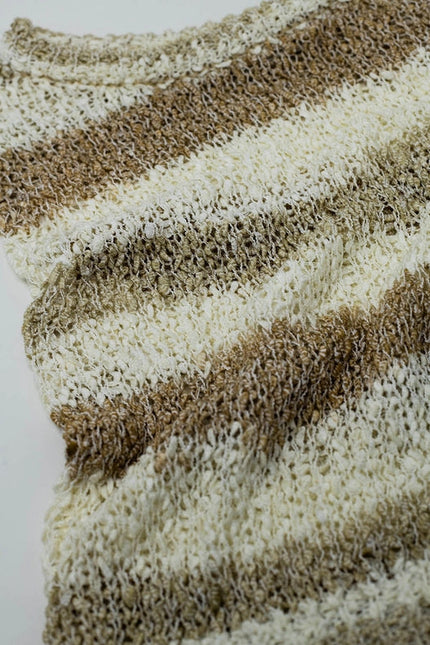 Knitted Tints of Beige Sleeveless Sweater with Stripes and Crew Neckline