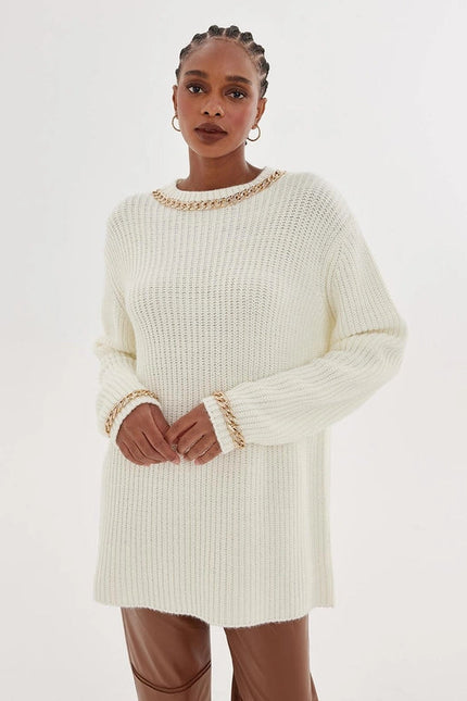 Knitwear Sweater With Chain Embroidery Ecru