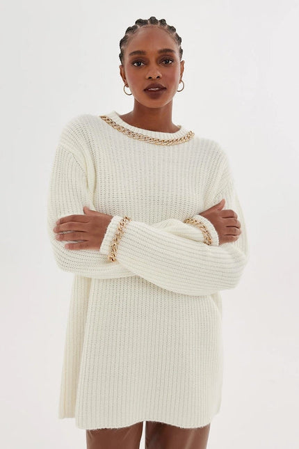 Knitwear Sweater With Chain Embroidery Ecru