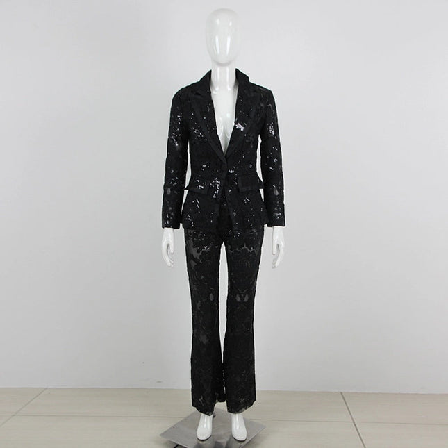 Lace Embroidered Sequin Blazer & Trouser Suit Black