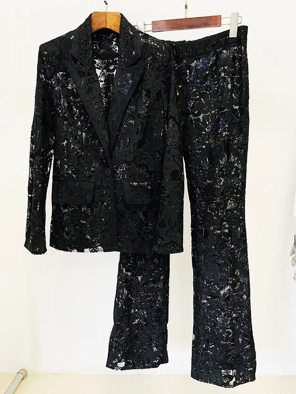 Lace Embroidered Sequin Blazer & Trouser Suit Black