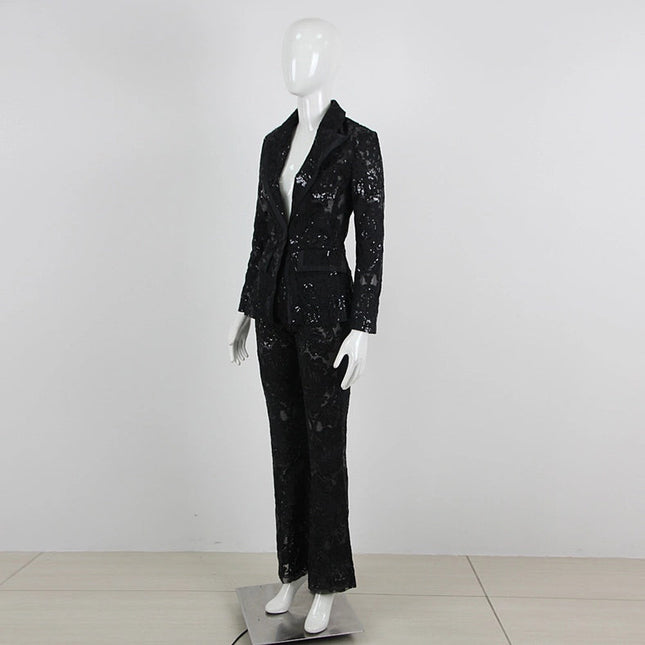 Lace Embroidered Sequin Blazer & Trouser Suit Black