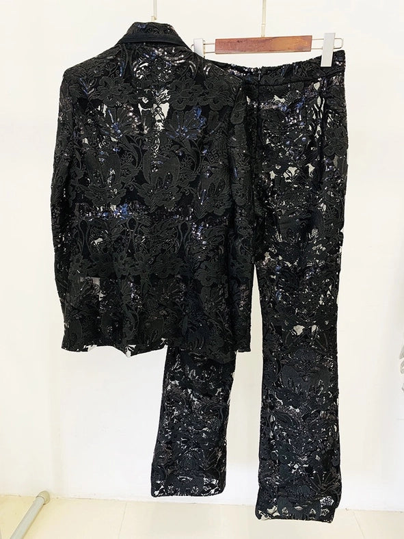 Lace Embroidered Sequin Blazer & Trouser Suit Black