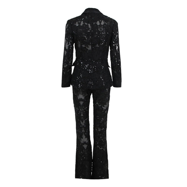 Lace Embroidered Sequin Blazer & Trouser Suit Black