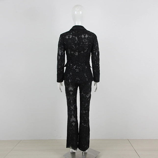 Lace Embroidered Sequin Blazer & Trouser Suit Black