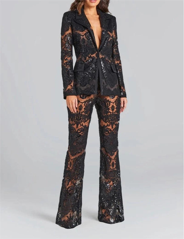 Lace Embroidered Sequin Blazer & Trouser Suit Black