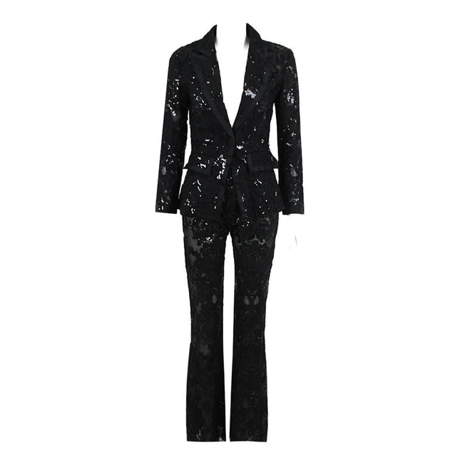 Lace Embroidered Sequin Blazer & Trouser Suit Black