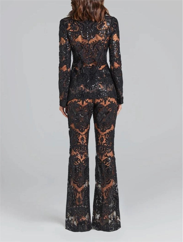 Lace Embroidered Sequin Blazer & Trouser Suit Black