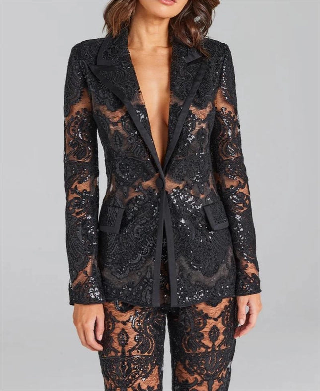 Lace Embroidered Sequin Blazer & Trouser Suit Black