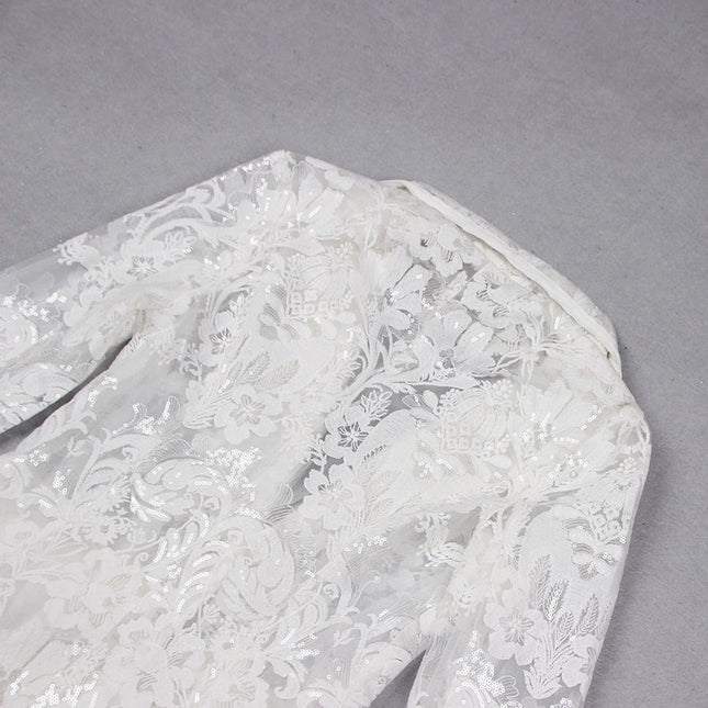 Lace Embroidered Sequin Blazer & Trouser Suit White