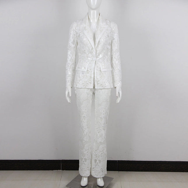 Lace Embroidered Sequin Blazer & Trouser Suit White