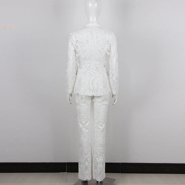 Lace Embroidered Sequin Blazer & Trouser Suit White