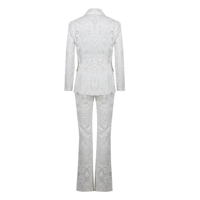 Lace Embroidered Sequin Blazer & Trouser Suit White