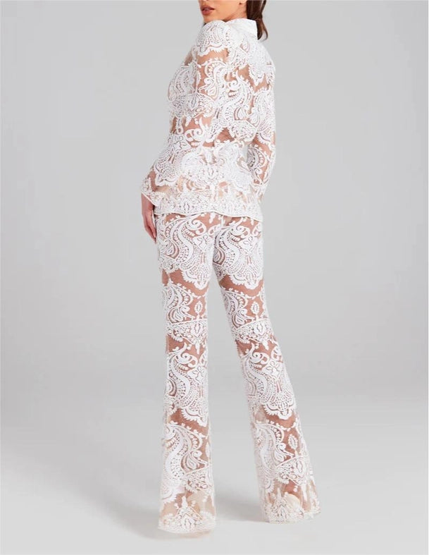 Lace Embroidered Sequin Blazer & Trouser Suit White