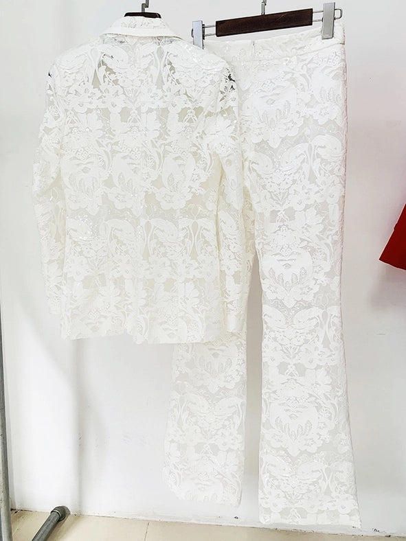 Lace Embroidered Sequin Blazer & Trouser Suit White