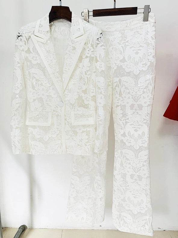 Lace Embroidered Sequin Blazer & Trouser Suit White