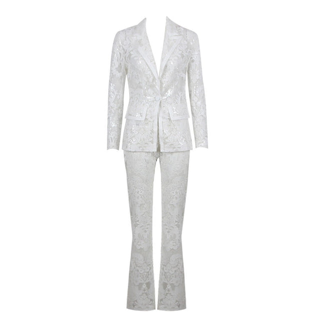 Lace Embroidered Sequin Blazer & Trouser Suit White