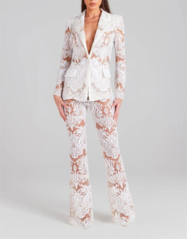 Lace Embroidered Sequin Blazer & Trouser Suit White