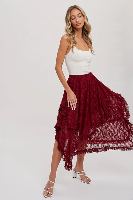 Lace Tier Midi Skirt BURGUNDY