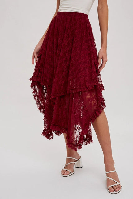 Lace Tier Midi Skirt BURGUNDY