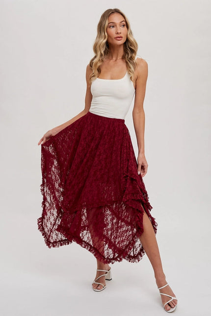 Lace Tier Midi Skirt BURGUNDY