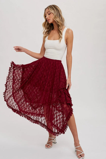 Lace Tier Midi Skirt BURGUNDY