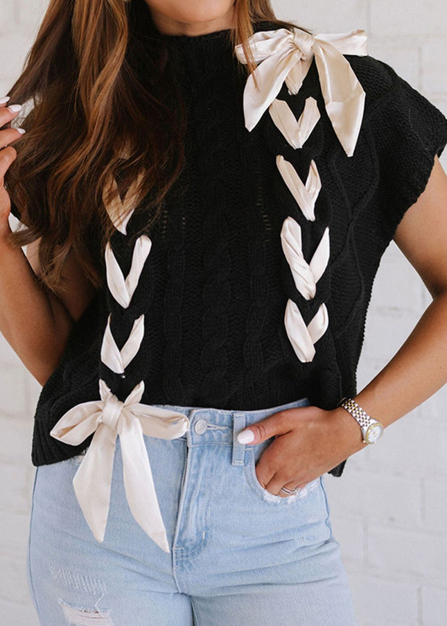 Lace-Up Mock Neck Short Sleeve Sweater