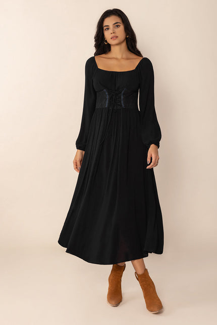 Lace-Up Square Neck Long Sleeve Midi Dress