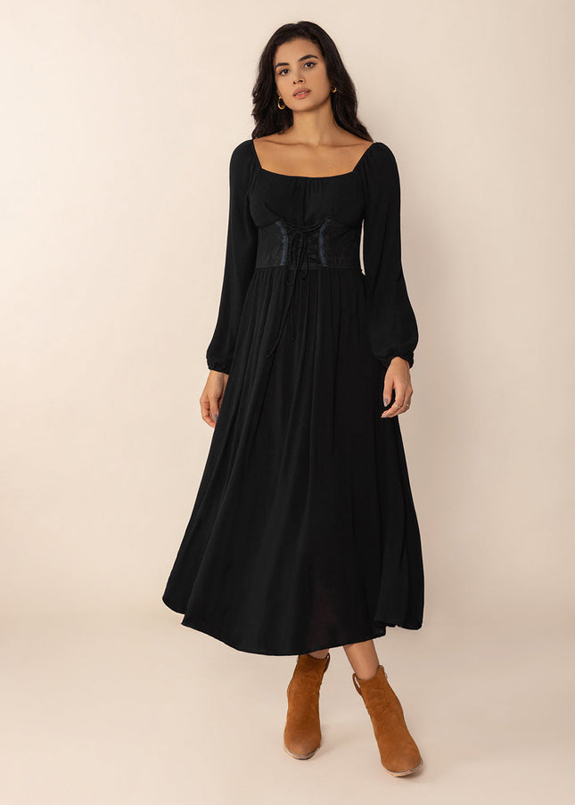 Lace-Up Square Neck Long Sleeve Midi Dress