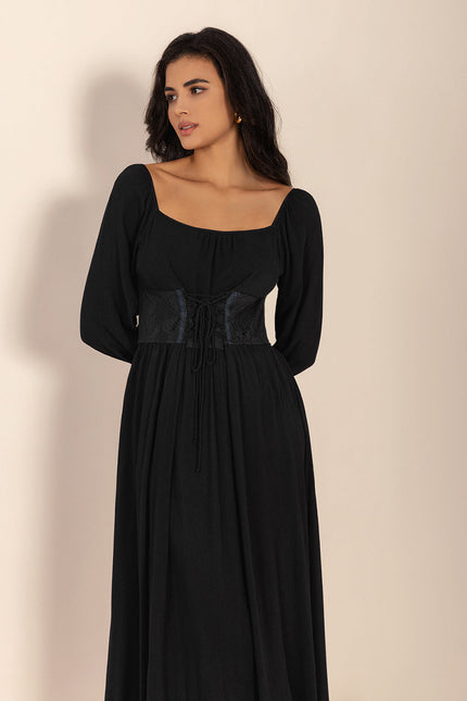 Lace-Up Square Neck Long Sleeve Midi Dress