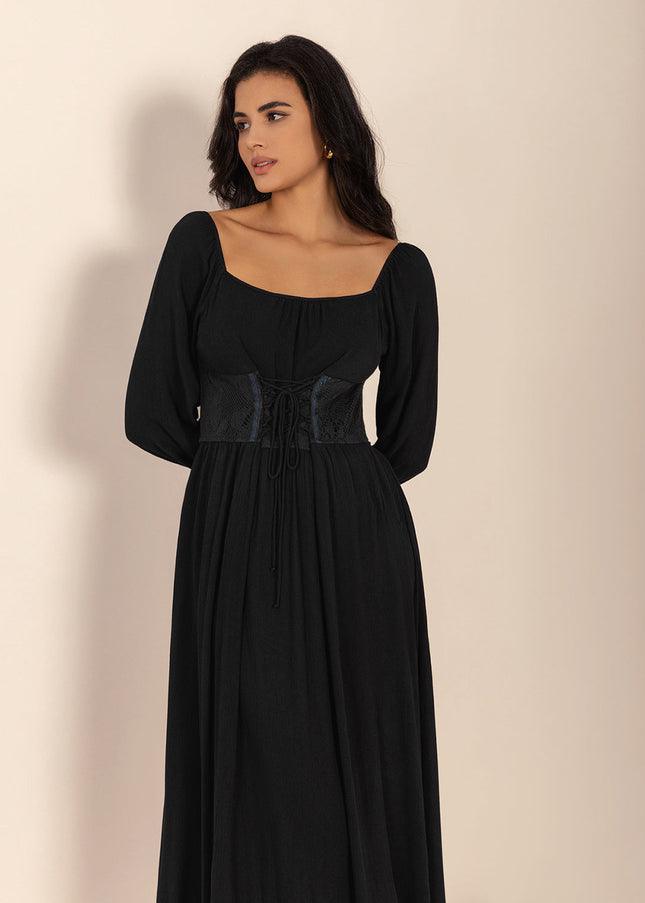 Lace-Up Square Neck Long Sleeve Midi Dress